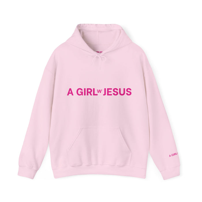 A GIRL w/ JESUS HOODIE PINK LOGO