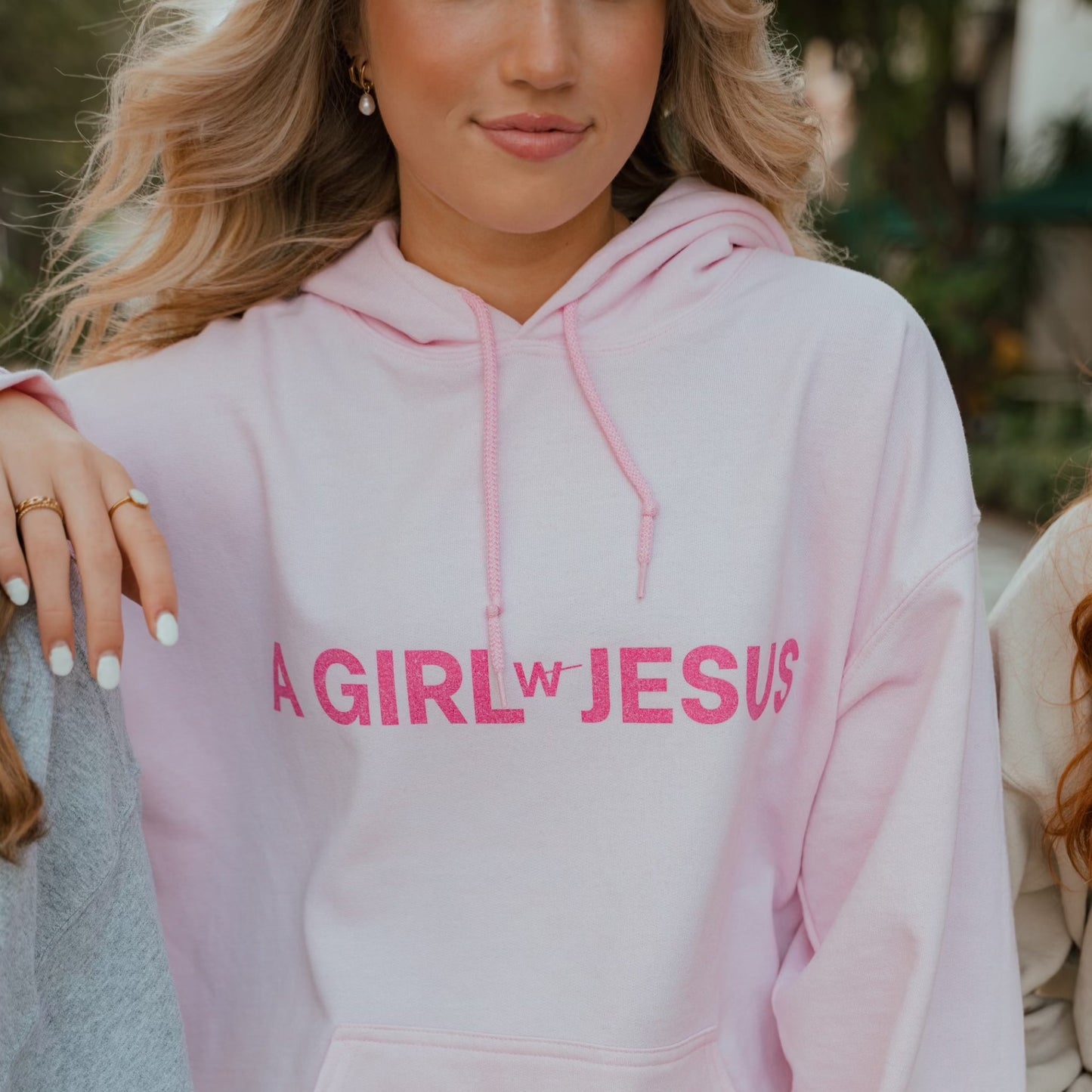 A GIRL w/ JESUS HOODIE PINK LOGO