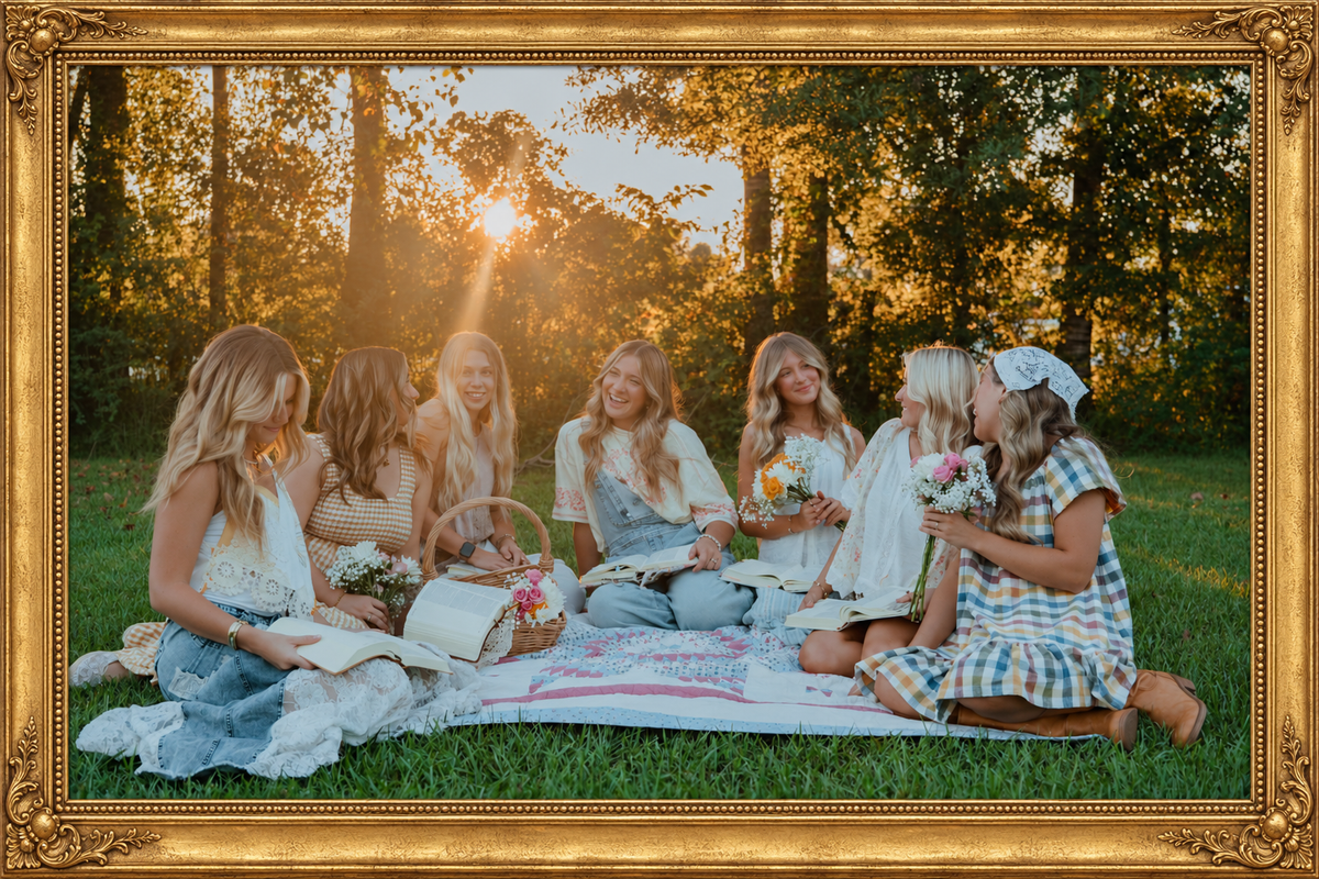 Girls gathered with Bibles and flowers, surrounded by a vintage gold frame